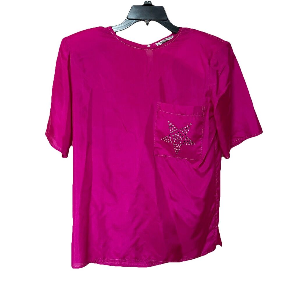 Vtg Adam Douglass Silk Top Rhinestone Star Pullover Hot Pink Bright Bold Disco